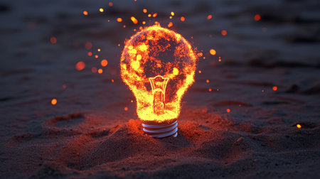 A captivating image of a glowing light bulb amidst a burst of sparks and dust, representing innovation and creativity in an artistic and dark setting.の素材