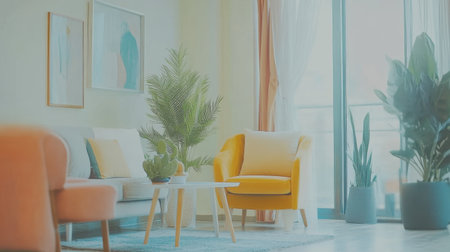 This bright living room features modern furniture, indoor plants, and elegant decor, creating a cozy and inviting atmosphere perfect for relaxation.の素材