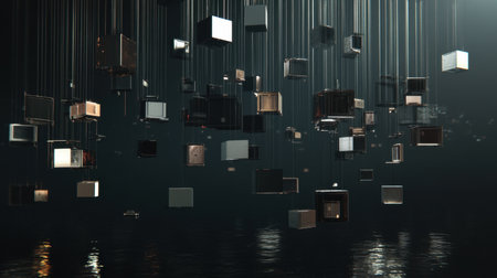 This captivating image features abstract floating boxes against a dark environment, with shimmering water reflections creating a serene and mysterious atmosphere.の素材