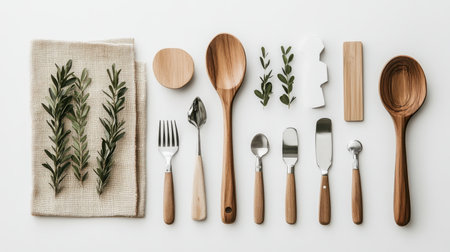 A beautifully arranged collection of kitchen utensils alongside fresh herbs on a light background, perfect for culinary inspiration and home cooking.の素材