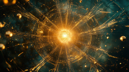 An abstract depiction of a cosmic explosion featuring radiant golden energy and shimmering spheres set against a deep space background.の素材