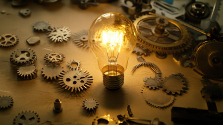 A warm glowing vintage light bulb is nestled among intricate mechanical gears and clock parts, creating an artistic and inspirational workshop scene.の素材