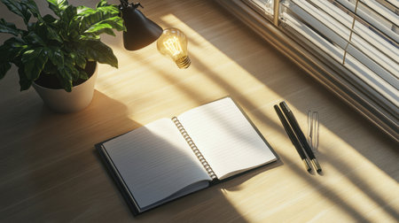 A serene workspace featuring an open notepad, elegant pens, and a vibrant green plant, illuminated by soft light streaming through blinds. Perfect for inspiration!の素材