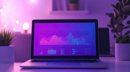 A sleek laptop with a vibrant data visualization screen sits comfortably on a desk, surrounded by lush indoor plants and glowing ambient light, creating a serene workspace atmosphere.の素材