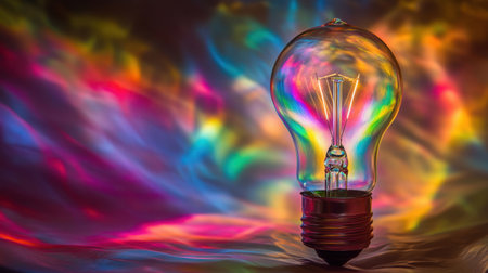 A stunning vintage light bulb captures vibrant colors and intricate reflections, creating a beautiful interplay of light and shadow against a dark backdrop.の素材