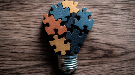 This unique image features a light bulb shape constructed from interlocking puzzle pieces, symbolizing creativity and problem-solving on a wooden background.の素材