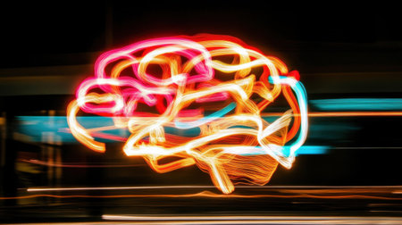 This dynamic image features a vibrant abstract neon representation of a brain, symbolizing creativity and innovation in technology and science fields.の素材