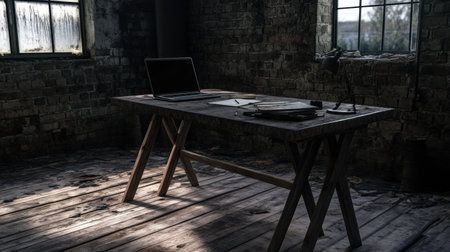 A serene industrial workspace featuring a wooden desk with a laptop and stationery. This minimalist setting highlights creativity and productivity. Perfect for design inspiration.の素材