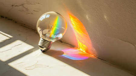 A stunning light bulb lies on a textured surface, casting a vibrant rainbow reflection in soft sunlight, creating a tranquil and artistic atmosphere.の素材
