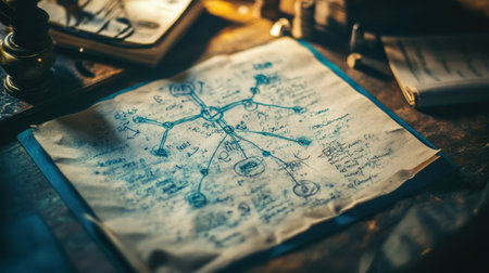 A captivating hand-drawn diagram with blue ink showcases intricate details on crumpled paper, highlighting creativity and planning in a vintage workspace.の素材