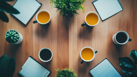 This inviting workspace setup showcases mugs of coffee and tea, surrounded by notebooks and greenery, creating a cozy atmosphere perfect for focused work or relaxation.の素材