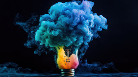 A vibrant light bulb emits colorful smoke in blue and orange tones, representing creativity and innovation. This artistic image captures energy and imagination, perfect for inspiring visuals in creative projects.の素材