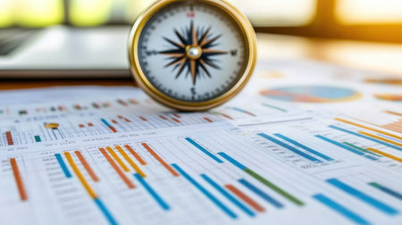 A close-up of a compass on a table filled with colorful charts and graphs, illustrating the importance of data analytics in business strategy and decision-making processes.の素材