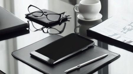 A sophisticated office desk scene featuring a smartphone, coffee cup, glasses, notepad, and pen on a sleek glass table, ideal for business settings.の素材