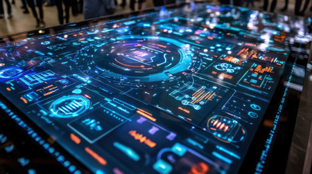 A high-tech touchscreen interface illustrates complex data analytics and interactions, showcasing innovation and modern design at an exhibition.の素材