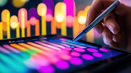 A captivating close-up of a hand using a stylus on a tablet, showcasing vibrant colors and abstract lights that inspire creativity and innovation.の素材