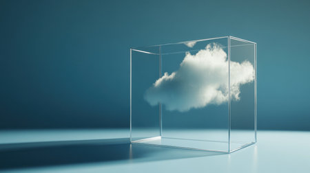 A solitary cloud floats within a transparent glass box on a soft blue backdrop, evoking themes of isolation, imagination, and tranquility in a minimalist design.の素材