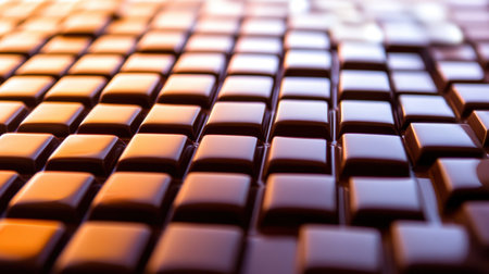 This close-up image showcases smooth, glossy chocolate tiles in warm lighting, creating a rich, textured surface ideal for culinary presentations. Perfect for food-related themes.の素材