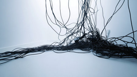 A chaotic arrangement of tangled black cables sprawls across a minimalist floor in a softly lit room, highlighting themes of disorder and technology.の素材