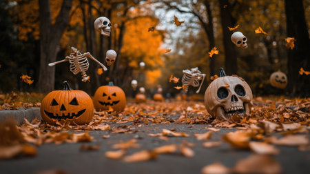 An enchanting Halloween scene featuring carved pumpkins, playful skeletons, and a carpet of colorful autumn leaves in a serene park setting.の素材