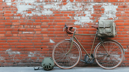 A vintage bicycle rests against a weathered red brick wall, accompanied by a helmet and backpack, capturing the essence of urban lifestyle and adventure.の素材