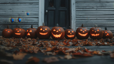 Enjoy a captivating Halloween display featuring a row of glowing jack-o'-lanterns set against a rustic wooden backdrop with vibrant autumn leaves.の素材