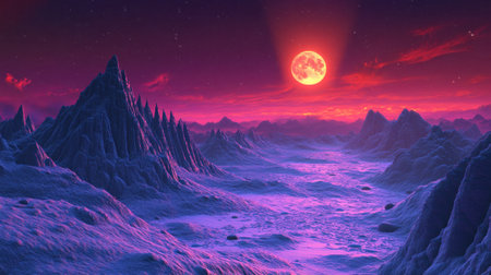 A stunning alien landscape featuring sharp mountain peaks under a spectacular purple and red sunset, evoking a sense of adventure and fantasy.の素材