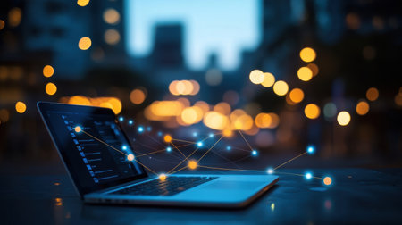 A modern laptop displays glowing data connections in an urban twilight setting, showcasing the fusion of technology and city life, perfect for innovation themes.の素材