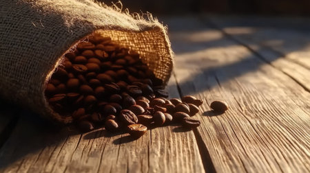 A stunning scene of freshly roasted coffee beans spilling from a burlap bag, showcasing their rich brown color against a rustic wooden surface in soft morning light.の素材
