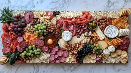 A stunning charcuterie board featuring a diverse mix of cured meats, artisanal cheeses, fresh fruits, crunchy nuts, and savory crackers, perfect for any gathering.の素材