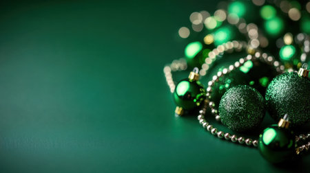 A stunning arrangement of vibrant green Christmas ornaments and sparkling beads on a dark green background, perfect for holiday decorations and festive atmospheres.の素材