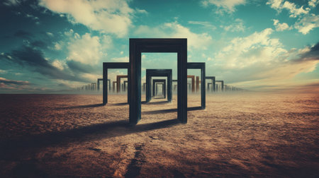 This surreal image showcases an endless row of doorways set in a barren desert, creating a striking and imaginative visual that invites exploration.の素材