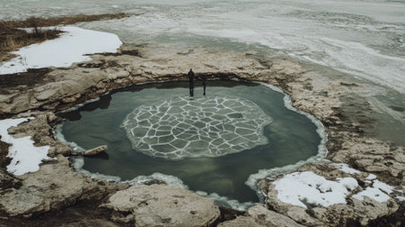A solitary man stands near a unique circular ice formation on a frozen lake, surrounded by a serene snowy landscape, evoking a sense of winter tranquility.の素材
