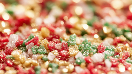 Close-up view of colorful sugar sprinkles in festive red, green, and gold, perfect for enhancing holiday desserts and sweet treats for celebrations.の素材