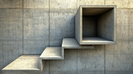 This image showcases a striking modern architectural element featuring minimalist stairs leading to an open box structure made of raw concrete. The design emphasizes geometric simplicity and texture, creating a unique visual impact.の素材
