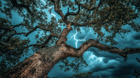 A striking perspective of an ancient oak tree beneath a stormy sky, showcasing the power of nature with dramatic lightning and dark clouds.の素材