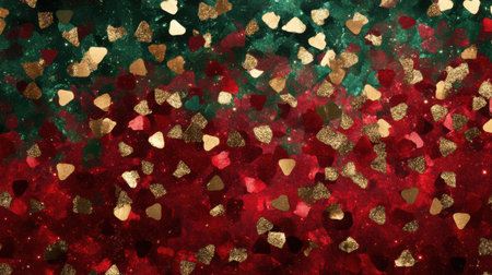 A vibrant and colorful background featuring heart-shaped confetti in red, green, and gold, perfect for romantic or festive celebrations and events.の素材