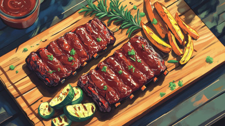 Indulge in the mouthwatering taste of grilled barbecue ribs glazed with rich sauce, served with vibrant vegetables on a rustic wooden board, ideal for gatherings.の素材