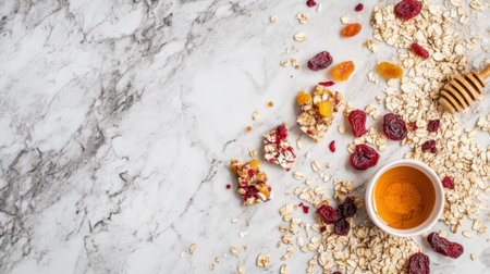 A beautifully arranged display of healthy snacks featuring oats, honey, and colorful dried fruits on a smooth marble surface. Ideal for nutrition-focused content.の素材