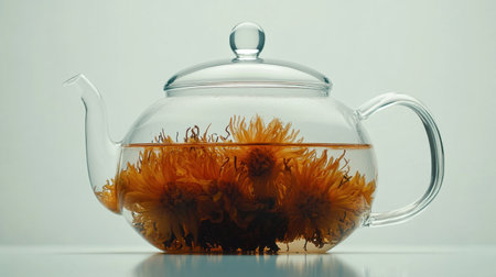 A clear glass teapot showcases vibrant blooming flowers steeping in warm water, creating a visually stunning display perfect for relaxation and aesthetic enjoyment.の素材