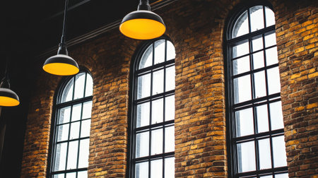 This captivating image showcases a warm brick wall adorned with arched windows and vintage lighting, creating a cozy and inviting interior atmosphere.の素材