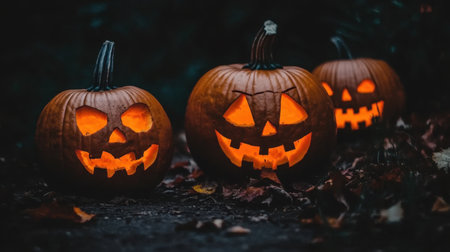 Enjoy a captivating scene of glowing Halloween pumpkins with creative carvings, surrounded by fallen leaves, evoking a festive autumn atmosphere.の素材