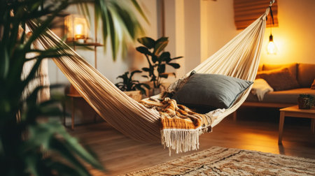 A cozy hammock hangs in a beautifully designed living room filled with plants and soft lighting, creating an inviting atmosphere for relaxation.の素材