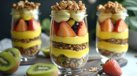 This vibrant dessert parfait features luscious layers of fresh fruits, creamy yogurt, and crunchy granola served in elegant glass jars, perfect for any occasion.の素材