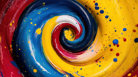 This captivating image showcases a swirl of vibrant colors, blending hues of red, blue, and yellow in an artistic abstract design. The dynamic motion and texture invite viewers into a world of creativity.の素材