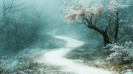 A tranquil pathway winds through a misty forest, framed by delicate blossoms and soft snow, creating a serene atmosphere ideal for peaceful escapes.の素材