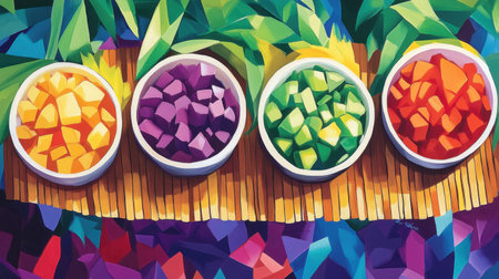 This vibrant abstract artwork features bowls of diced fruits and vegetables against a colorful background, celebrating freshness and health in a unique design.の素材