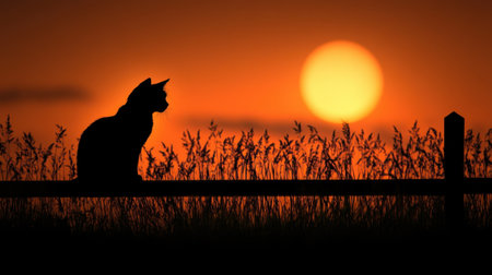 A serene silhouette of a cat rests on a fence at sunset, with a stunning orange sky casting a warm glow over the landscape, creating a peaceful atmosphere.の素材