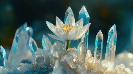 A serene scene featuring an elegant water lily blooming amidst stunning sparkling crystals and gemstones, creating a tranquil and dreamy atmosphere.の素材