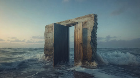 A surreal scene featuring an isolated door standing amidst ocean waves during a stunning sunset. The cloudy sky adds an eerie and mysterious atmosphere, inviting imagination.の素材